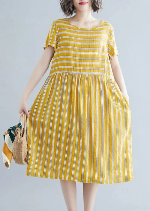 Colorful Summer Dresses Organic yellow striped Cotton clothes o neck pockets tunic Dress