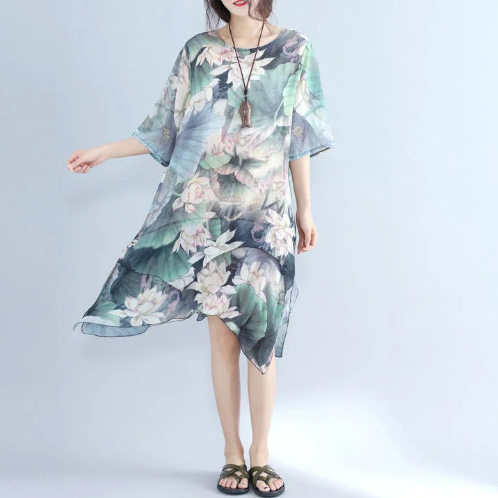 Women's Outdoor Dresses Fine prints chiffon dress plussize chiffon maxi dress boutique half sleeve asymmetric hem clothing dress