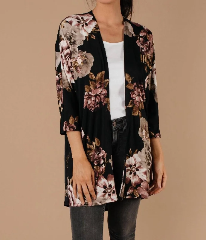 Soft Merino Wool Knit Tops Dora Floral Cardigan In Black