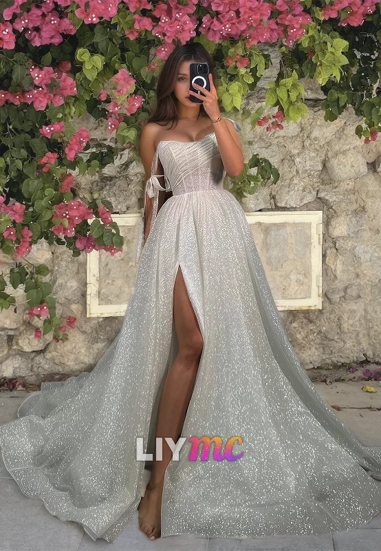 Women's Outdoor Dresses Off-Shoulder Strapless Sparkly Side Slit A-Line Wedding Dress