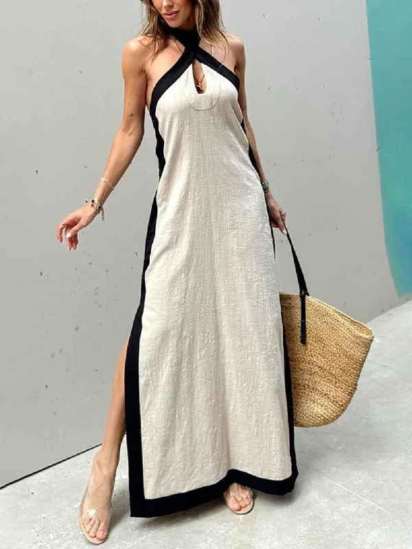 Elevated Party Dresses Color Block Halter Charming Neck Slit Maxi Dress