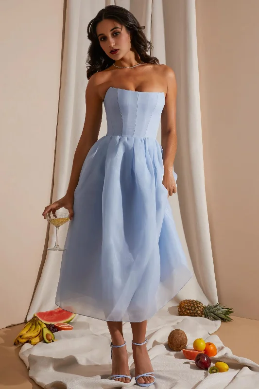 Dressy Evening Dresses Strapless Corset Tulle Midi Dress in Blue