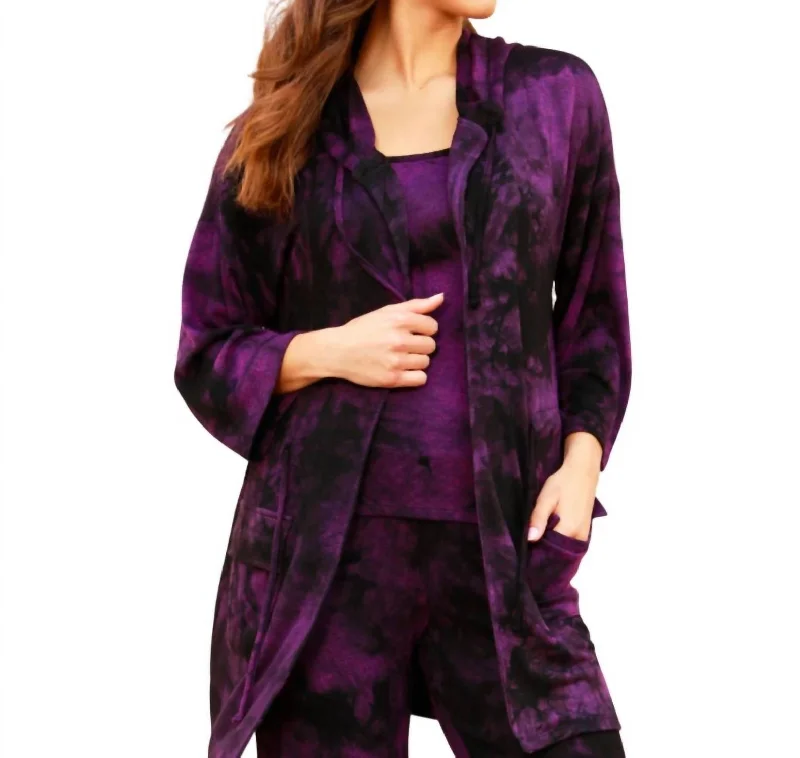 Chic Knit Tops For Office Wear Marble Wash Drawstring Cardigan In Grape