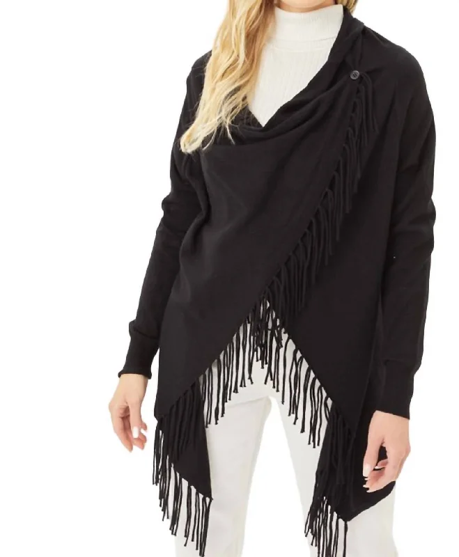 Striped Knit Tops Fringed Wrap Top In Black