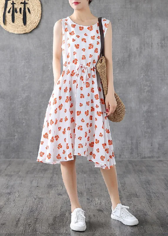 Chic Trench Dresses Handmade white print linen Long Shirts sleeveless cotton summer Dress