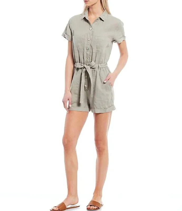 One-Piece Romper Outfits Linen Tie Waist Rolled Hem Romper In Olive Green/khaki