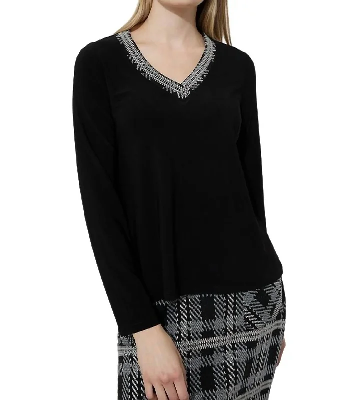 Sweater-Knit Tops For Fall Tweed Trim Long Sleeve Top In Black