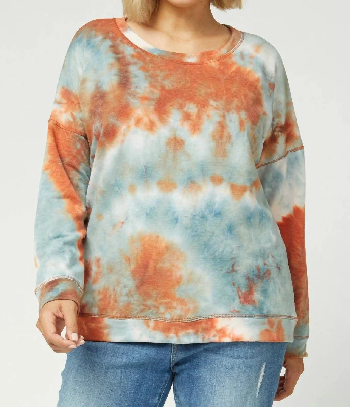 Fashionable Knit Tops Tie Dye Sweater- Plus In Pumpkin And Blue