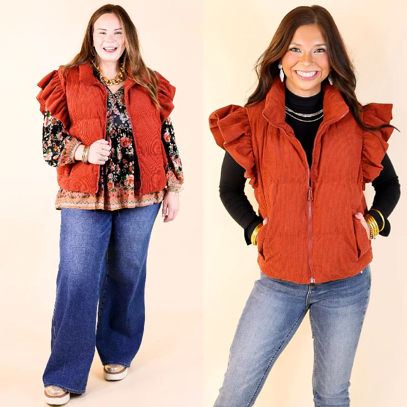 Classic Leather Jackets Winter Wanderlust Corduroy Puffer Vest with Ruffle Sleeves in Rust Red