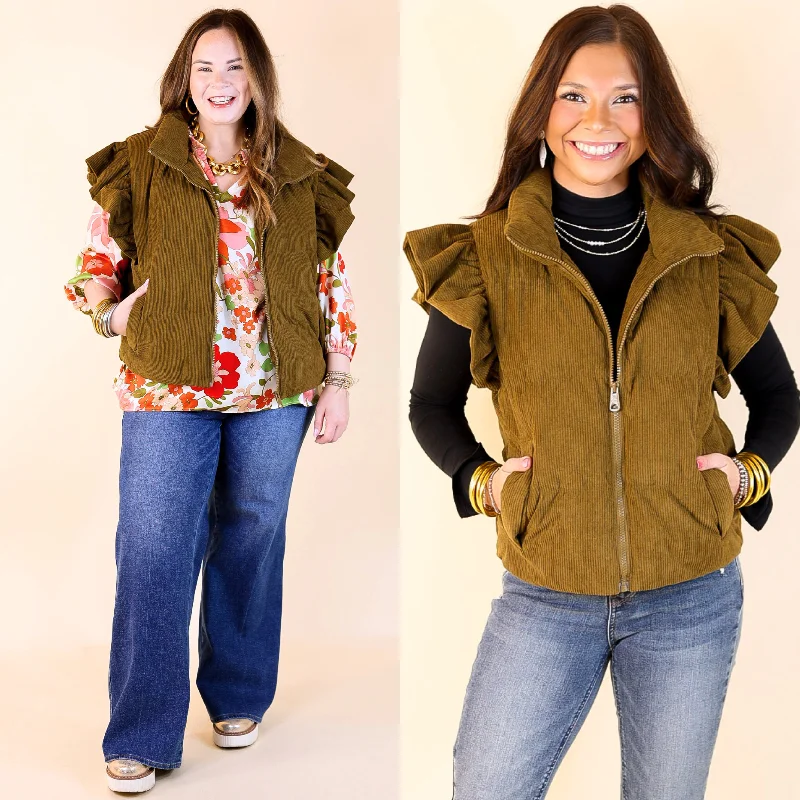 Women's Outerwear Jackets Winter Wanderlust Corduroy Puffer Vest with Ruffle Sleeves in Olive Green