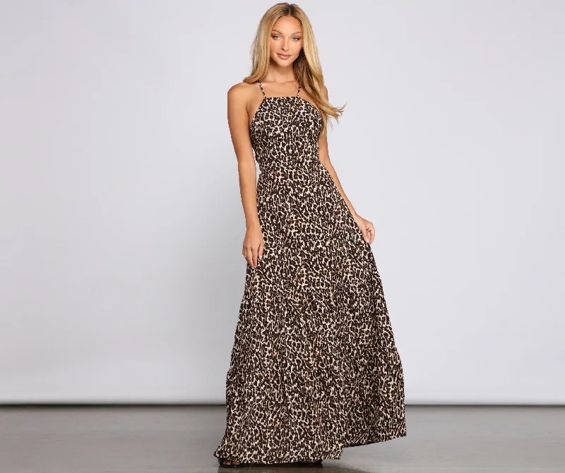 Women's Holiday Dresses Fiercely Stylish Lace-Up Charming Leopard Maxi Dress