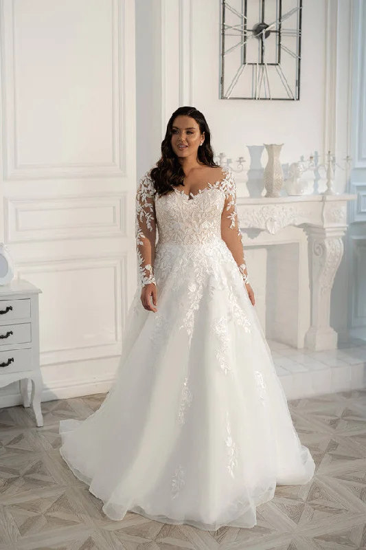 Women's Outdoor Dresses Plus Size Wedding Dress Elegant Long Sleeves Lace Bride Dress Tulle Applique Sweep Train A-Line robe de mariée