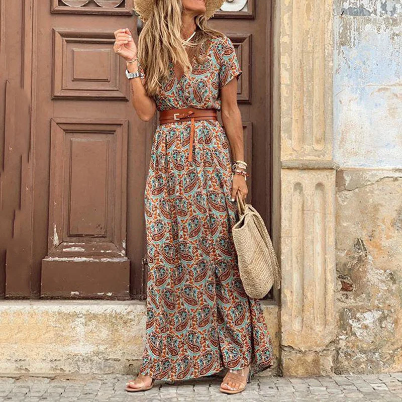 Chic Trench Dresses Boho Dress With Belt, Bohemian Maxi Summer Dress For Women