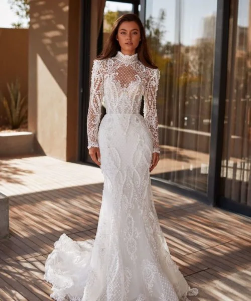 Dressy Evening Dresses Charming  Lace Mermaid Wedding Dress for Women Tulle Illusion High Neck Long Sleeve Bridal with Back Button Vestido De Novia