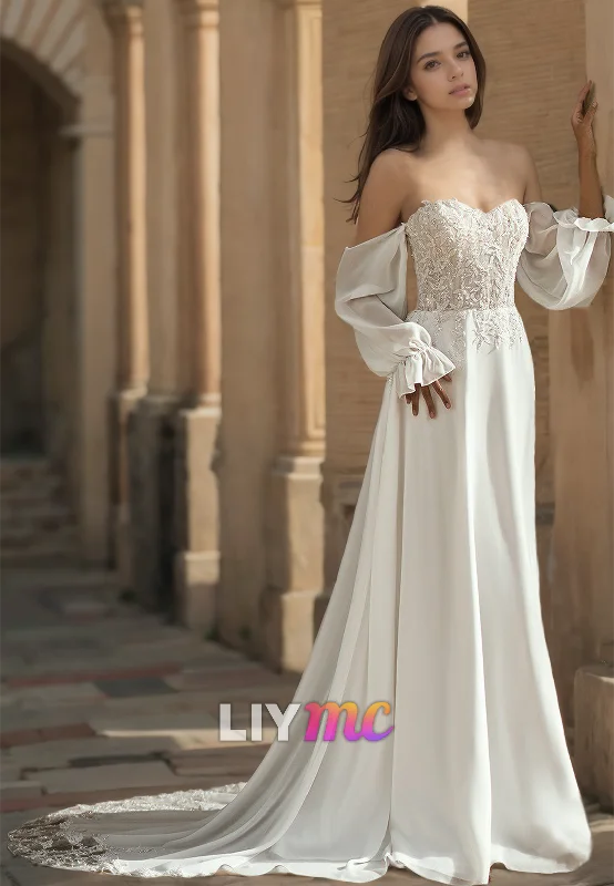 Elegant Evening Gowns Sweetheart Long Sleeves Appliques Sleek A-Line Wedding Dress