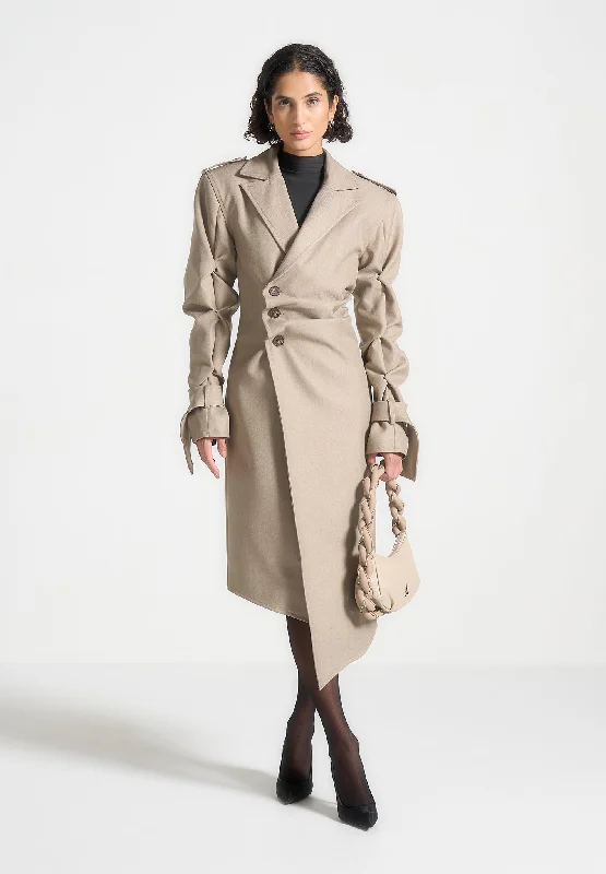 Luxury Outerwear For Women Tacked Sleeve Asymmetric Tailored Trench Coat - Beige