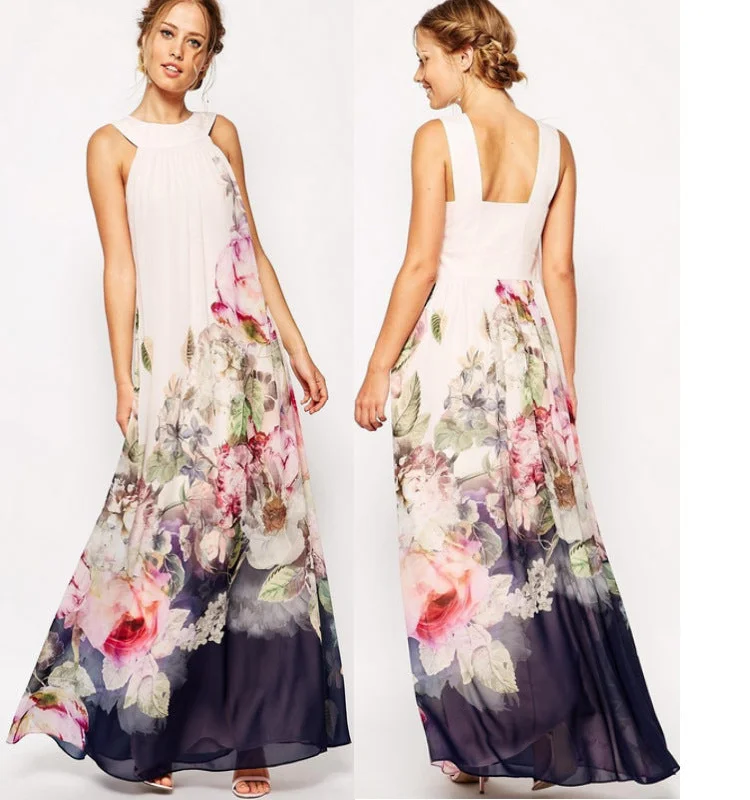 Casual Day Dresses Long Floral Chiffon Dress, Bohemian Romantic Summer Dress for Women