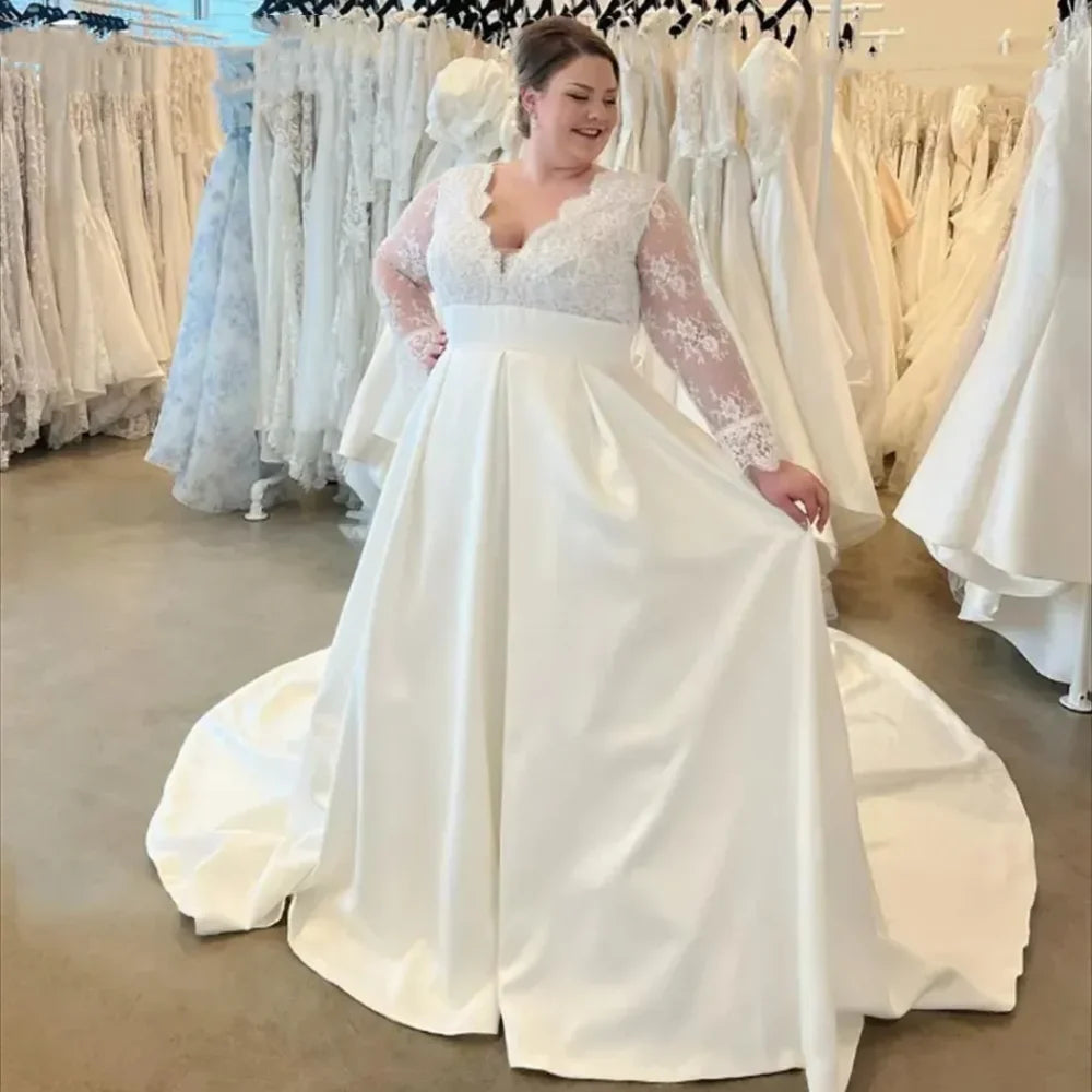 Stylish Summer Dresses Plus Size Wedding Dresses with Long Sleeves Appliques Lace Sheer Back Satin A Line Garden Outdoor Beach Bridal Gowns