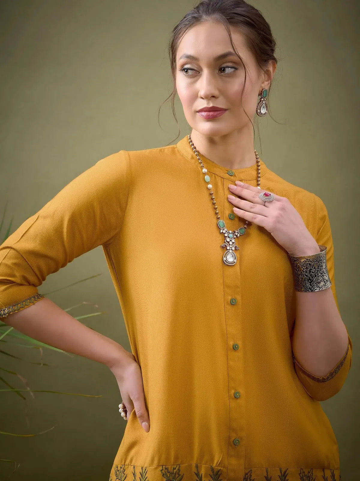 Simple One-Piece Dresses Women Mustard Placket Embroidered Shirt With Palazzos