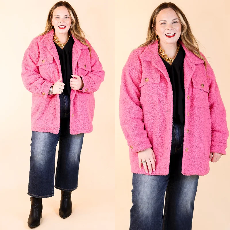 Casual Outdoor Outerwear Plush Comfort Button Up Sherpa Shacket in Hot Pink