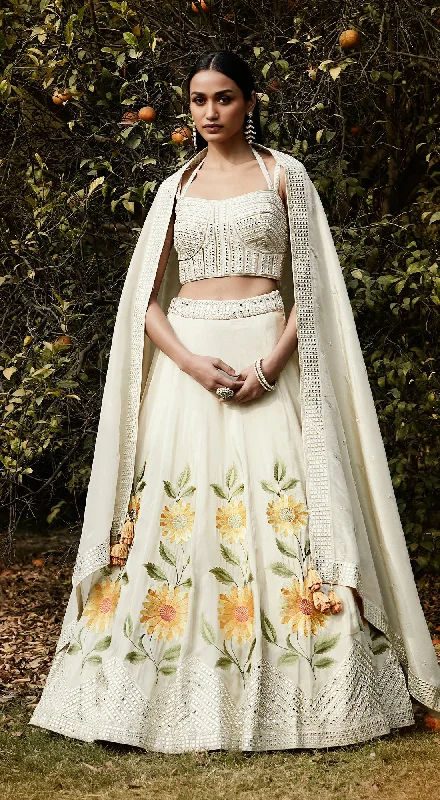 Cute Summer Dresses Ivory Sunflower Embroidered Lehenga