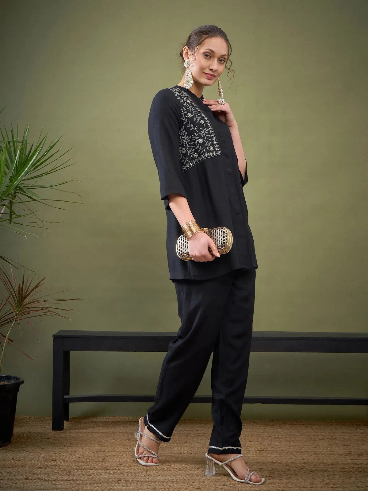 Women's One-Piece Jumpsuits Women Black Yoke Embroidered Shirt With Palazzos