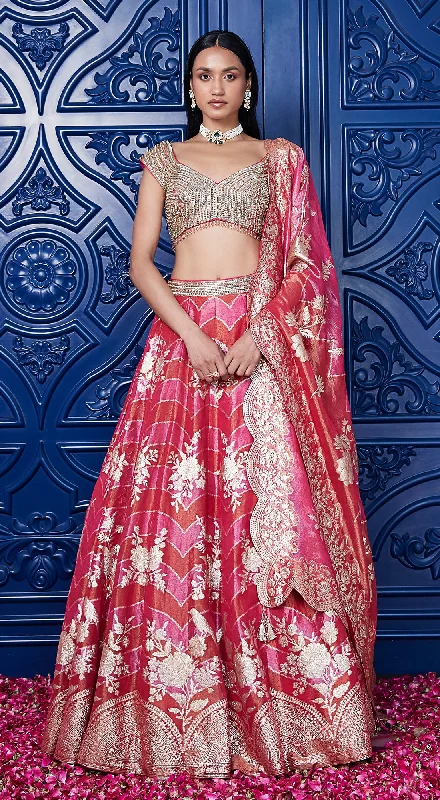 Elegant Evening Gowns Pink Banarasi Weave Embroidered Lehenga Set