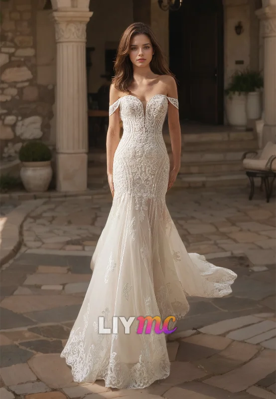 Elevated Party Dresses V-Neck Puff Sleeves Appliques Mermaid Wedding Dress