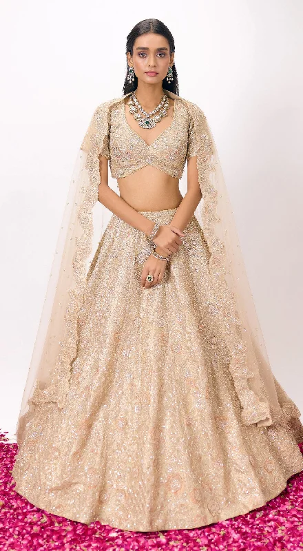 Colorful Summer Dresses Beige Tissue Embroidered Lehenga Set