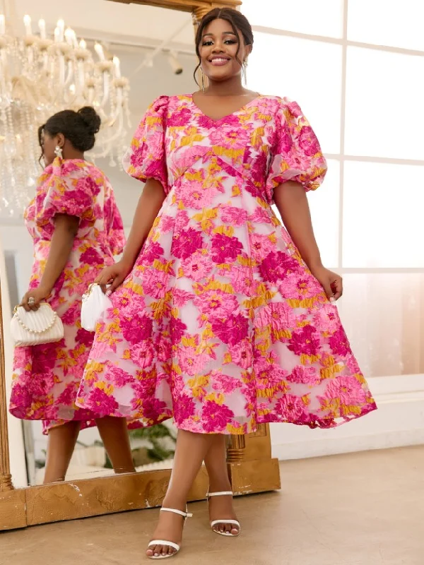 Elevated Party Dresses AOMEIDRESS V Neck Puff Sleeve Floral Pink Jacquard A Line Dress