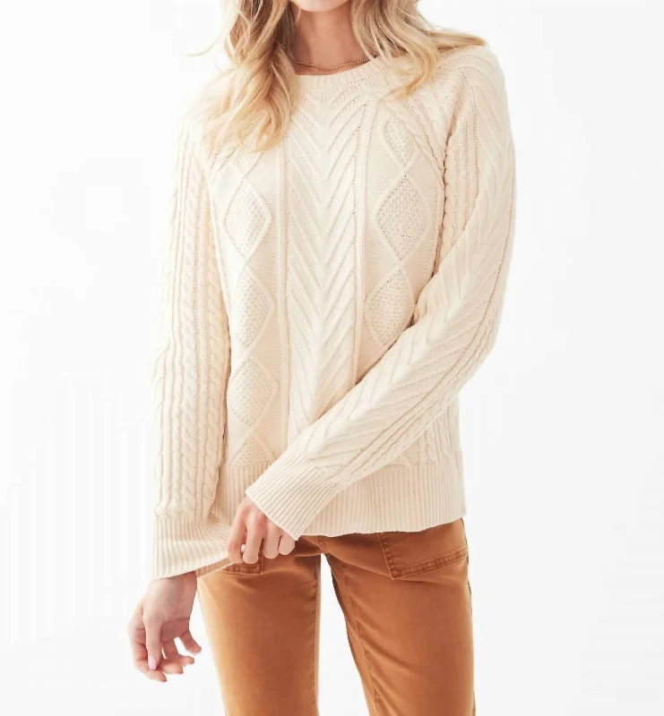 Soft Stretch Knit Tops A-Line Cable Sweater In Cream