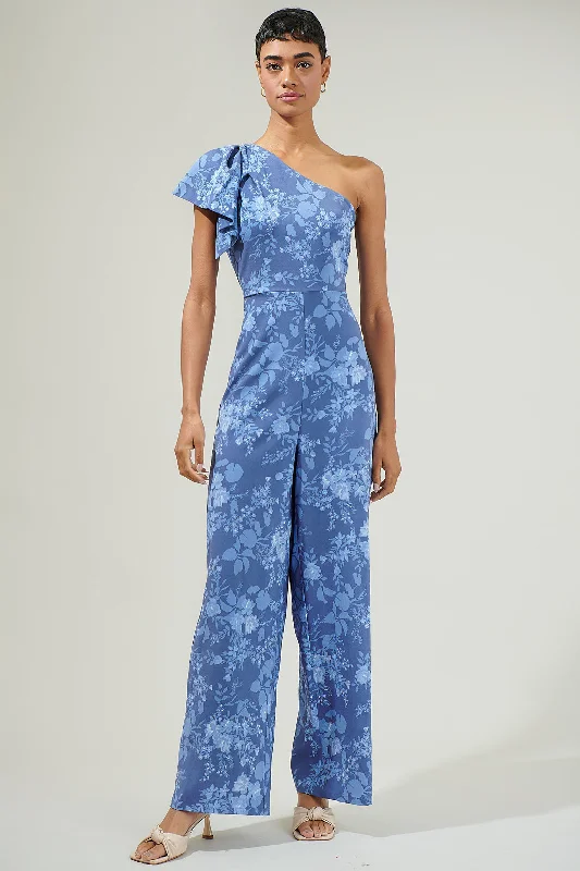 Sleek One-Piece Rompers Borage Floral Villa One Shoulder Jumpsuit