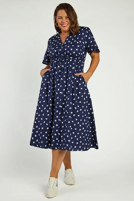 Comfortable Casual Dresses Marley Cotton Navy & White Hearts Dress