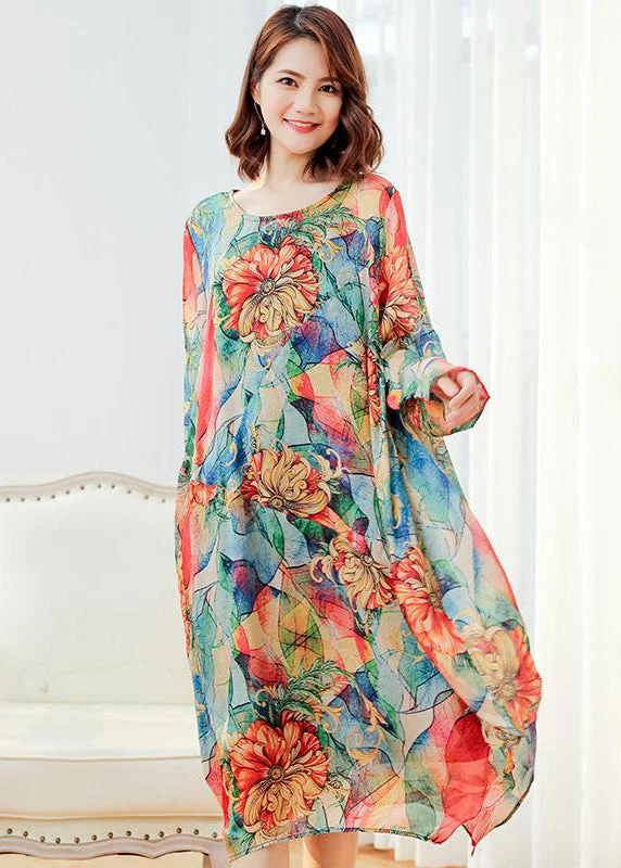 Dressy Evening Dresses Women Floral Loose Polyester Split Vintage Midi Dress