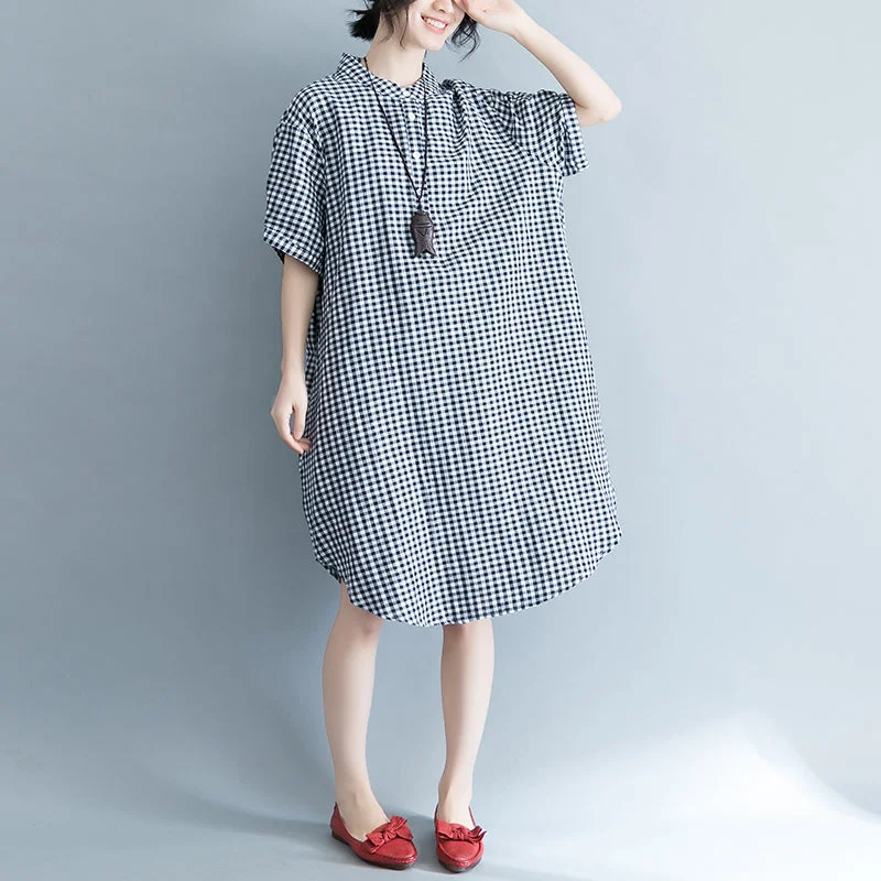 Vintage-Inspired Dresses baggy Plaid natural cotton dress trendy plus size cotton clothing dresses Elegant short sleeve Stand cotton clothing