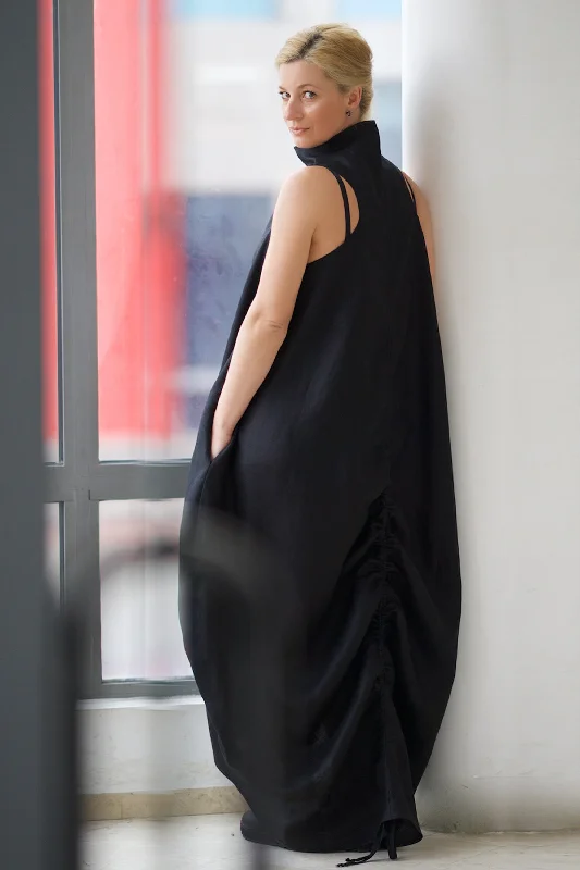 Vintage-Inspired Dresses Cowl Neck Linen Dress in Black