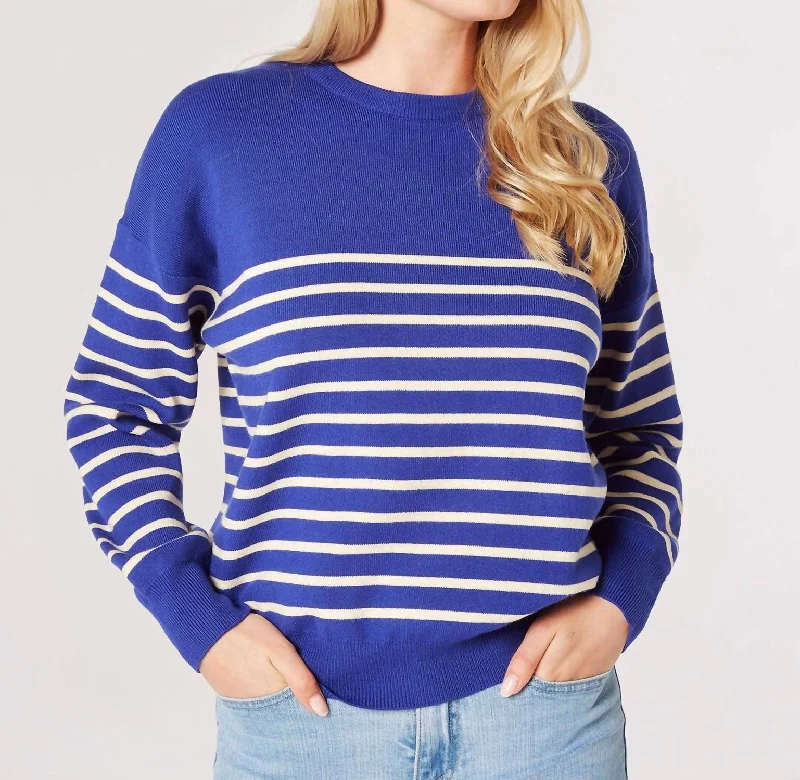 Sweater-Knit Tops For Fall Crew Neck Striped Sweater In Cobalt