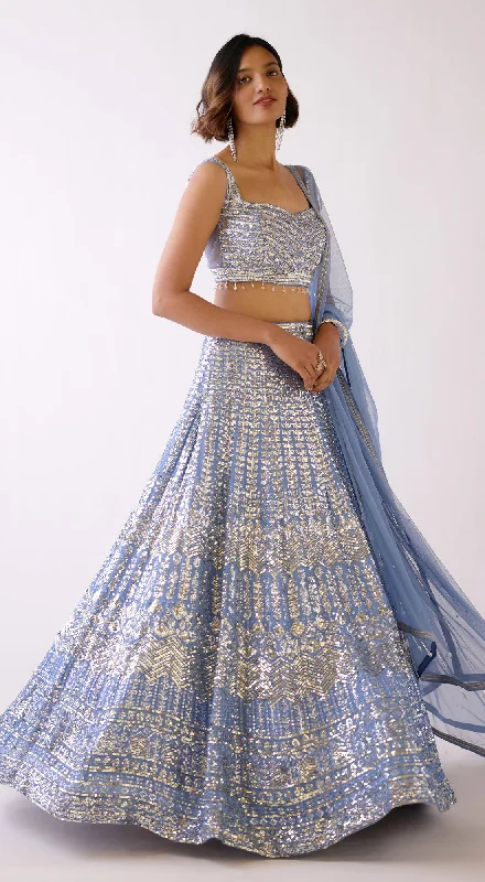 Plus-Size Dresses For Women Denim Blue Sequins Embroidered Lehenga Set