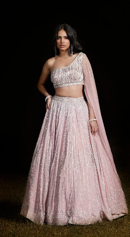 Chic Trench Dresses Pink One Shoulder Embroidered Lehenga