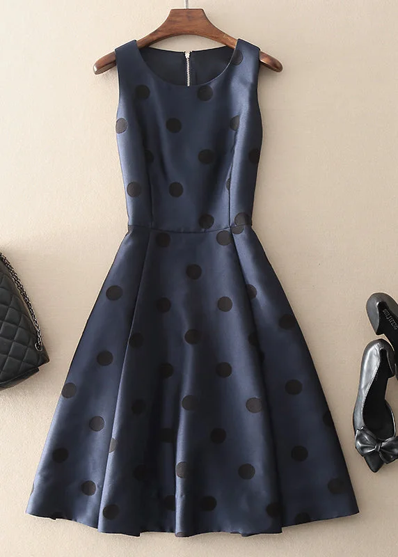 Stylish Summer Dresses Simple Navy Zip Up Dot Long Dresses Sleeveless