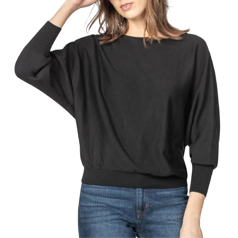 Oversized Ribbed Knit Tops Dolman Sleeve Boatneck Sweater In Black