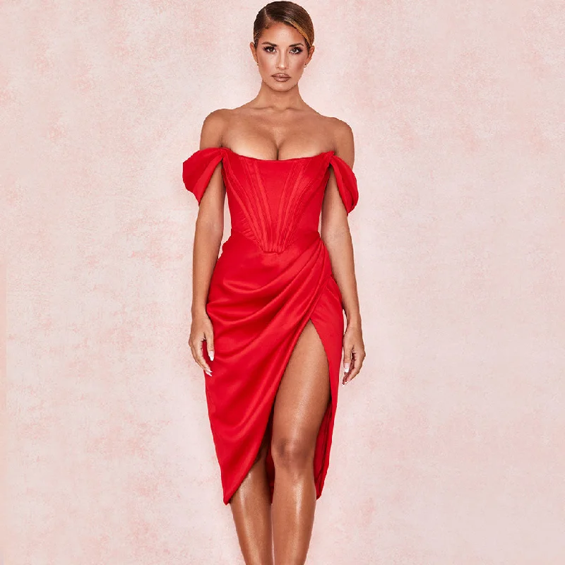 Cute Summer Dresses Off Shoulder Draped Corset Cocktail Midi Dress - Red