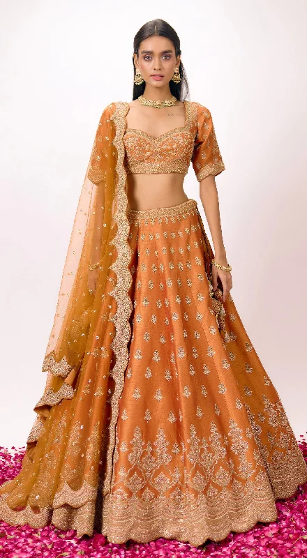 Women's Outdoor Dresses Orange Silk Embroidered Lehenga Set