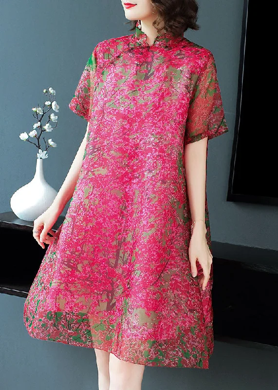 Plus-Size Dresses For Women Plus Size Red Stand Collar print Silk Dress Short Sleeve