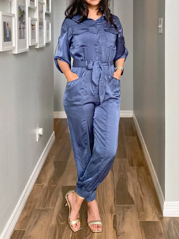 Modern One-Piece Outfits 3/4 Sleeve Dressy Jumpsuit In Deep Blue