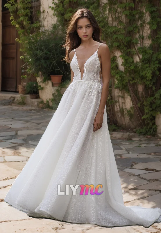 Women's Casual Dresses V-Neck Spaghetti Sraps Appliques Pleated A-Line Wedding Dress