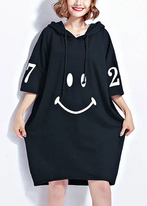 Stylish Summer Dresses Fashion Black Hooded Smile Print Cotton Maxi Dresses Short Sleeve