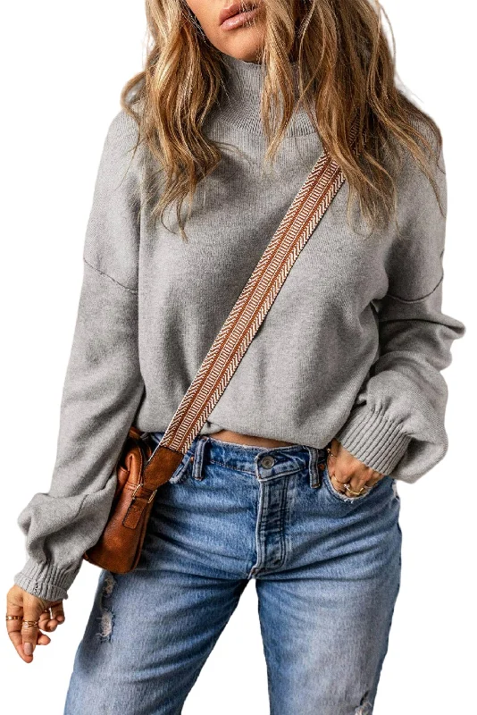 Simple Knit Tops For Casual Wear Brielle Turtleneck Drop Shoulder Bubble Sleeve Knit Sweater In Gray