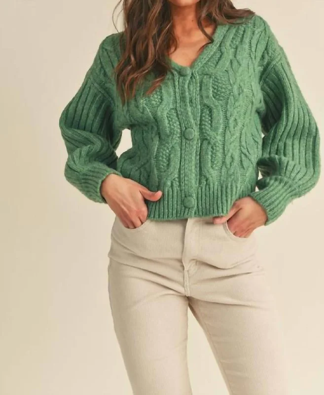 Simple Knit Tops For Casual Wear Cable Knit Puff Sleeve Sweater Cardigan In Rosemary Green