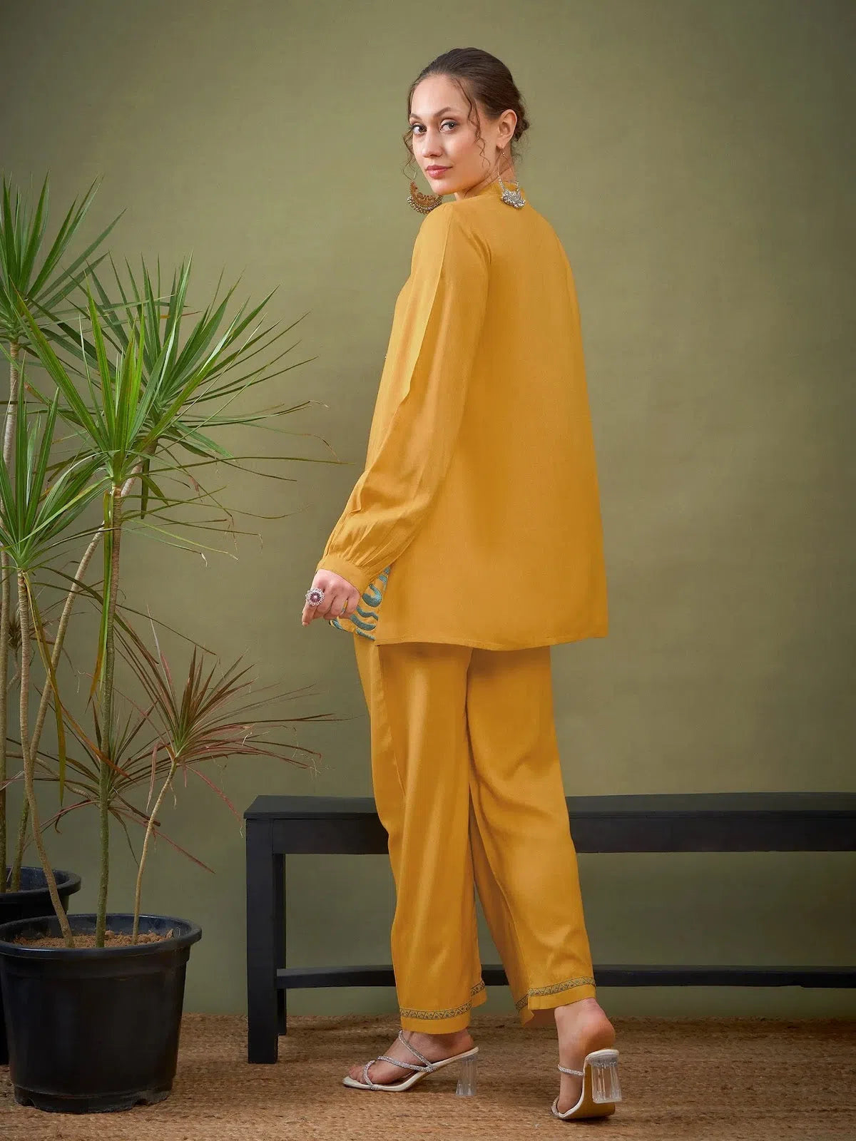 Affordable One-Piece Outfits Women Mustard Hem Embroidered Shirt With Palazzos